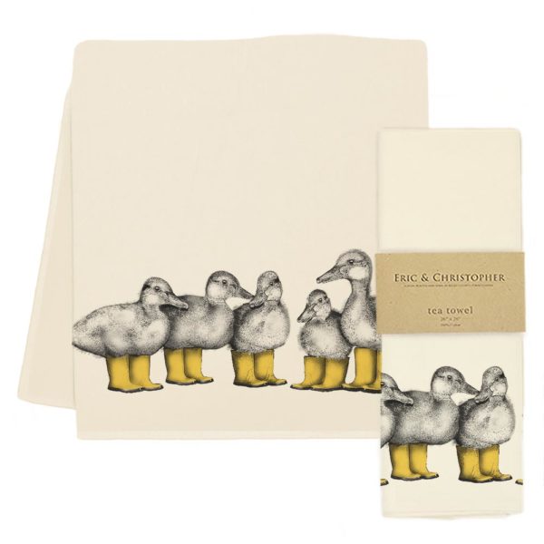 Ducks with yellow boots tea towel.