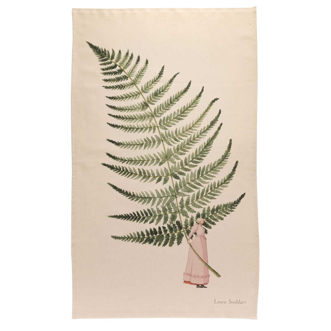 A Single Fern Tea Towel with an image of a woman holding a fern, from the &quot;Fabulous Ferns&quot; collection by Hester &amp; Cook.