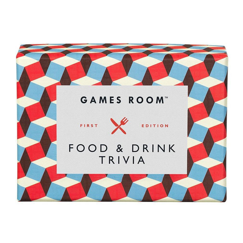 A box of &quot;Food &amp; Drink Quiz first edition&quot; by Chronicle Books with a colorful geometric pattern design, perfect for social gatherings.