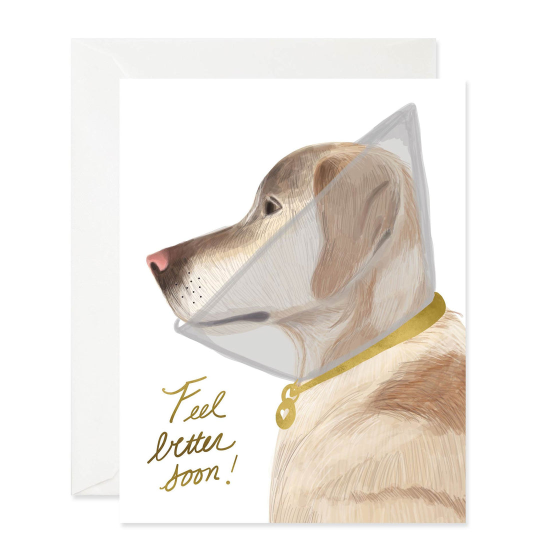 A Good Juju Ink foil stamped Feel Better Doggie Card featuring an illustration of a dog wearing a cone with the words &quot;feel better soon!&quot; written on it.