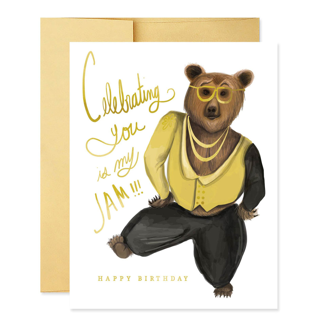 A whimsical My Jam birthday card by Good Juju Ink featuring a hand-illustrated bear dressed in human clothes with glasses and the phrase &quot;celebrating you is my jam!!! happy birthday&quot;.