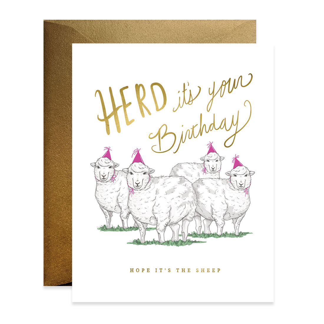 A Good Juju Ink Herd Birthday Card featuring a hand illustrated illustration of sheep in party hats with the pun &quot;herd it&