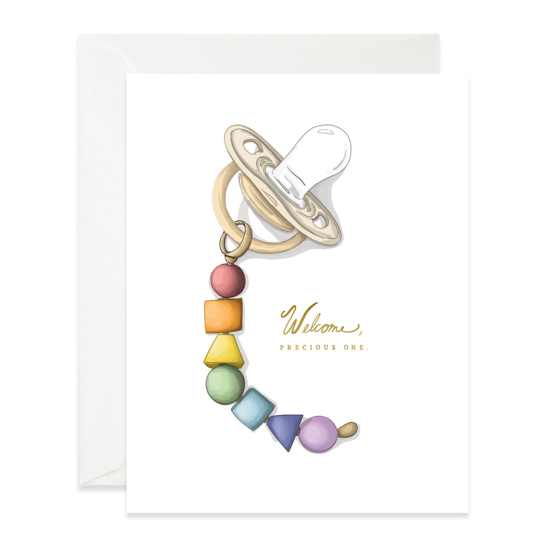 Rainbow Pacifier Card featuring a hand-illustrated pacifier with colorful beads and a welcoming message for a new baby by Good Juju Ink.