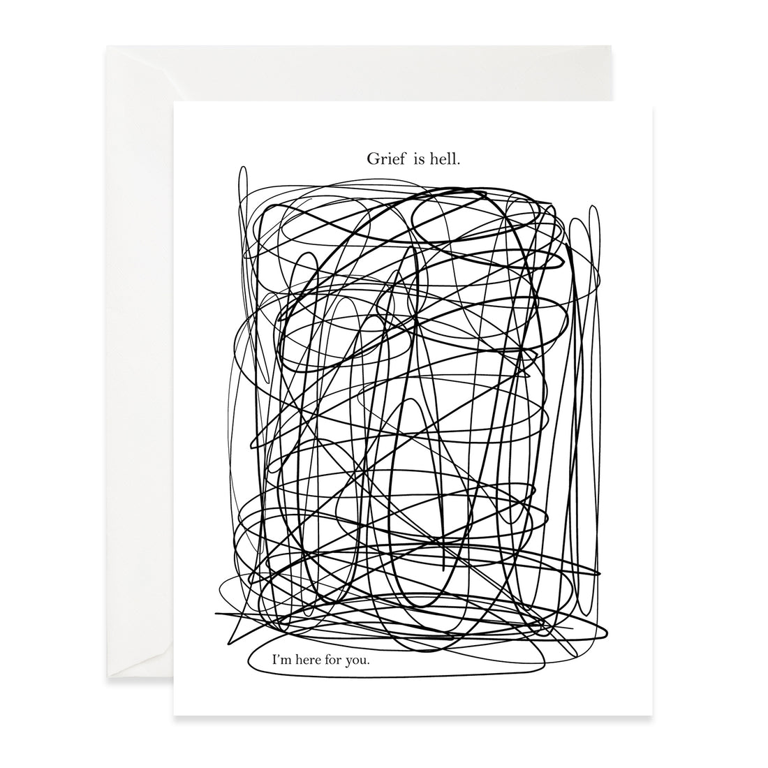 A Good Juju Ink Grief Is Hell Card printed on premium paper, featuring a scribble with the text &quot;grief is hell.&quot; at the top and &quot;i&
