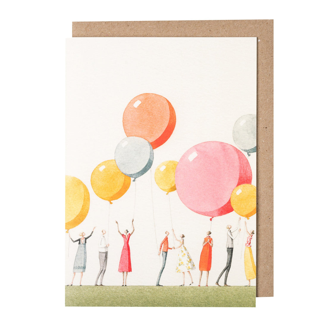A Balloon Party Greeting Card illustrated by Laura Stoddart with people holding balloons from Hester &amp; Cook.