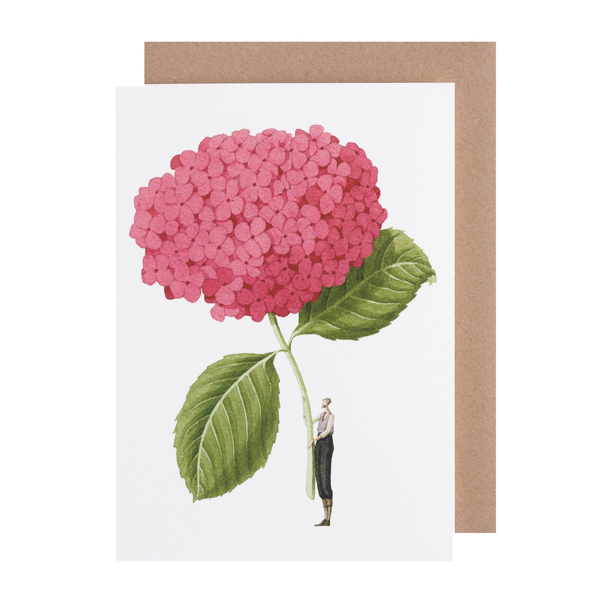 A white greeting card featuring a stylized illustration of a man holding a gigantic dark pink hydrangea bloom by the stem, with the included kraft paper envelope tucked behind.