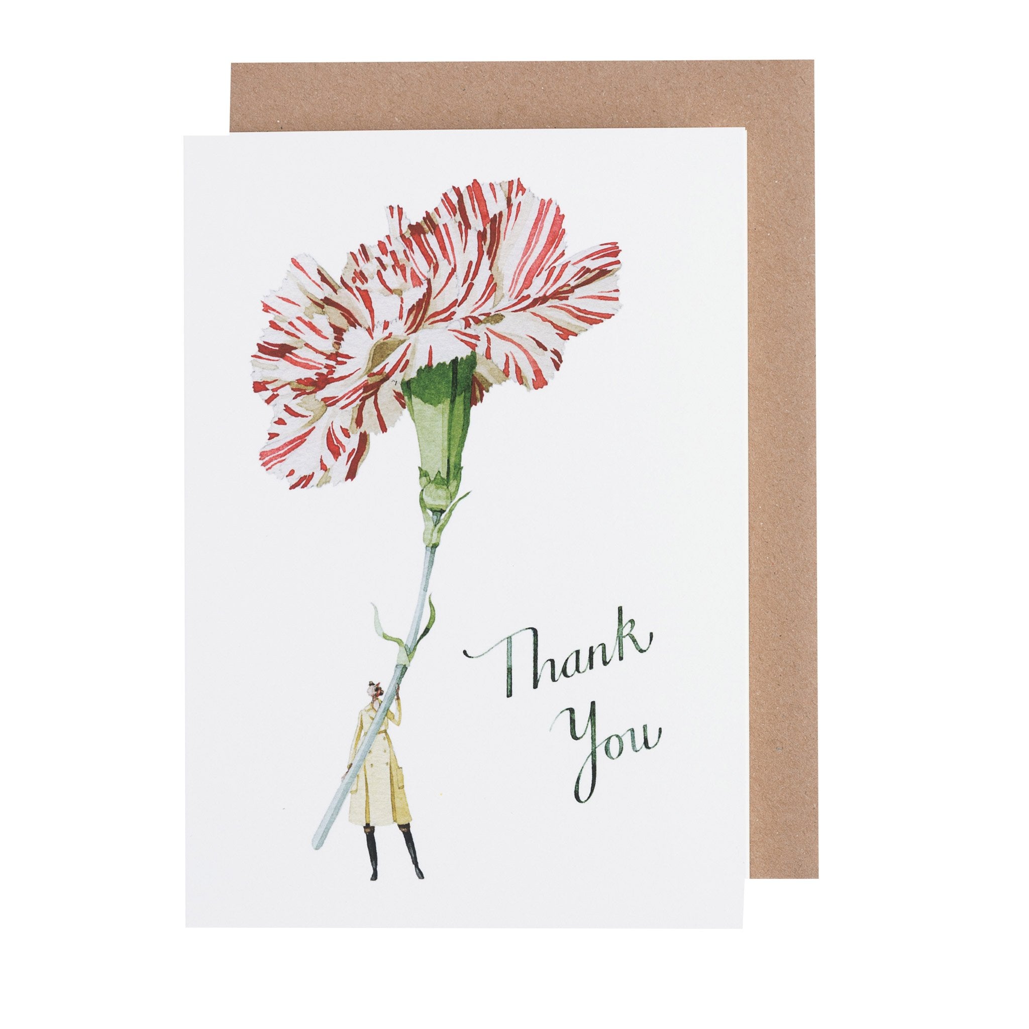 A white greeting card featuring a watercolor illustration of a small woman holding a gigantic red and white carnation by the stem, with "Thank You" written in beautiful script. The included kraft paper envelope is tucked behind the card.