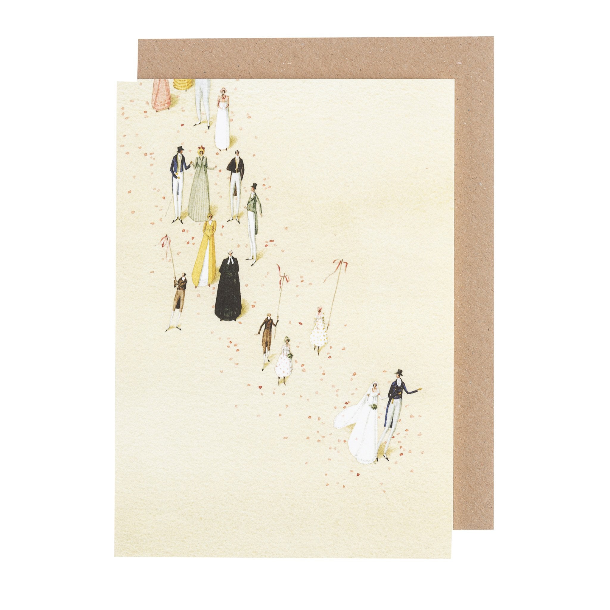 A cream greeting card featuring a stylized illustration of a bridal party walking diagonally across the card down a path of pink petals, with the bride and groom leading the way. The included kraft paper envelope is tucked behind the card.