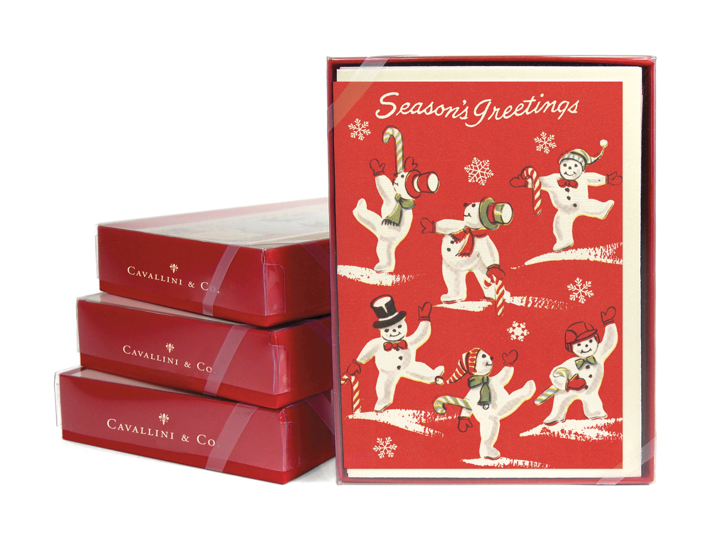 A boxed set of Cavallini & Co. notecards featuring a red background with white snowmen and Christmas greetings design, including 10 folded notecards and envelopes.