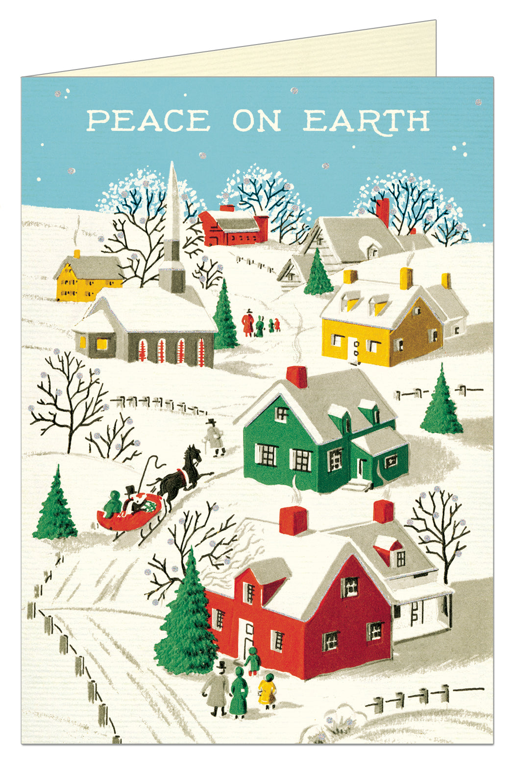Greeting card saying peace on earth at the top with a snowy town scene