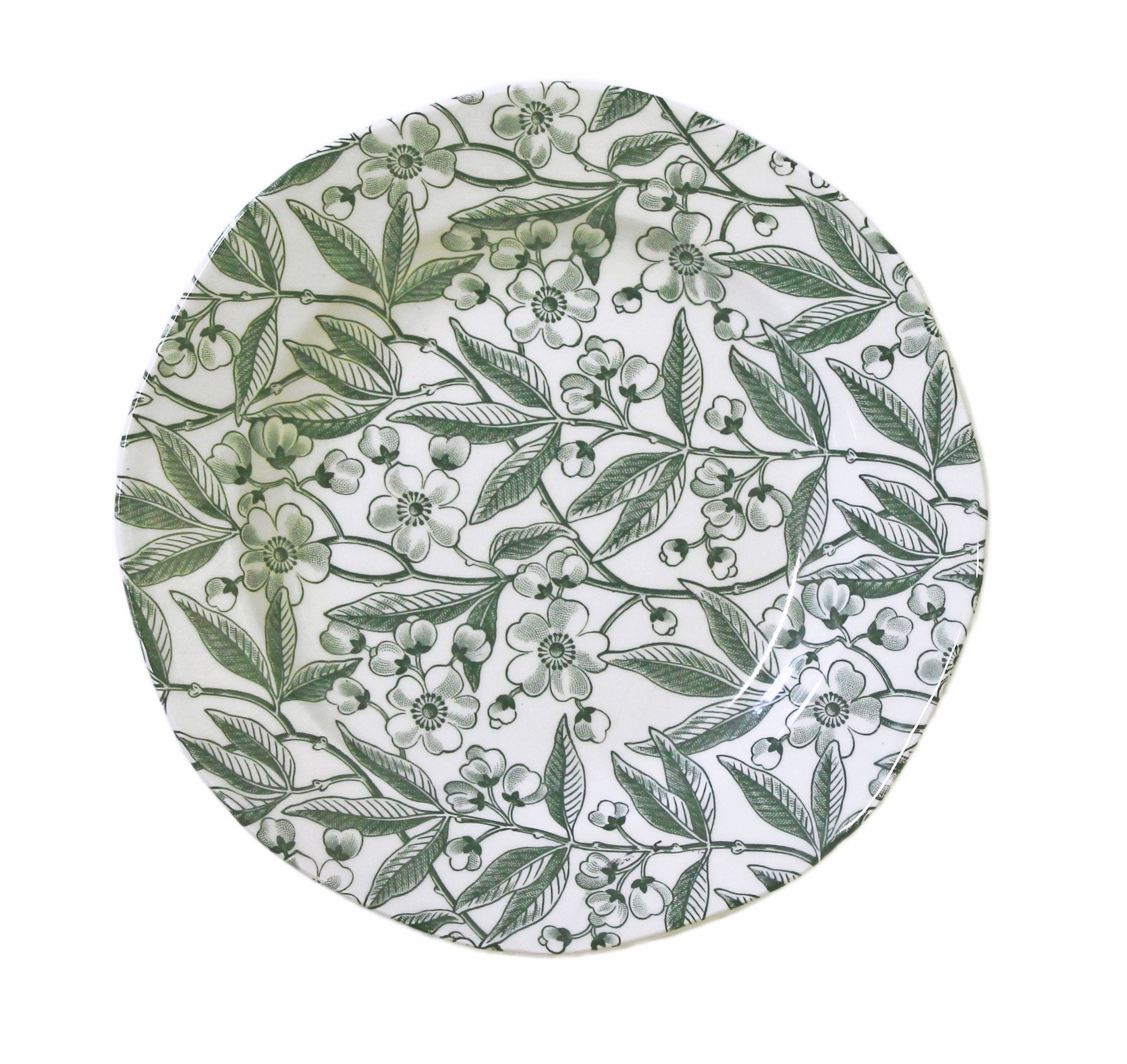 Elegant table setting with Burleigh Green Prunus Dinnerware plates and green striped tablecloth.