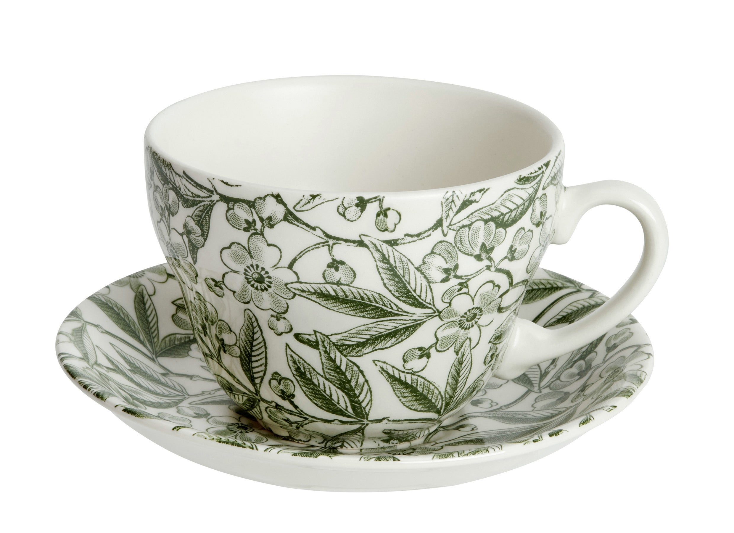 Elegant table setting with Burleigh Green Prunus Dinnerware plates and green striped tablecloth.