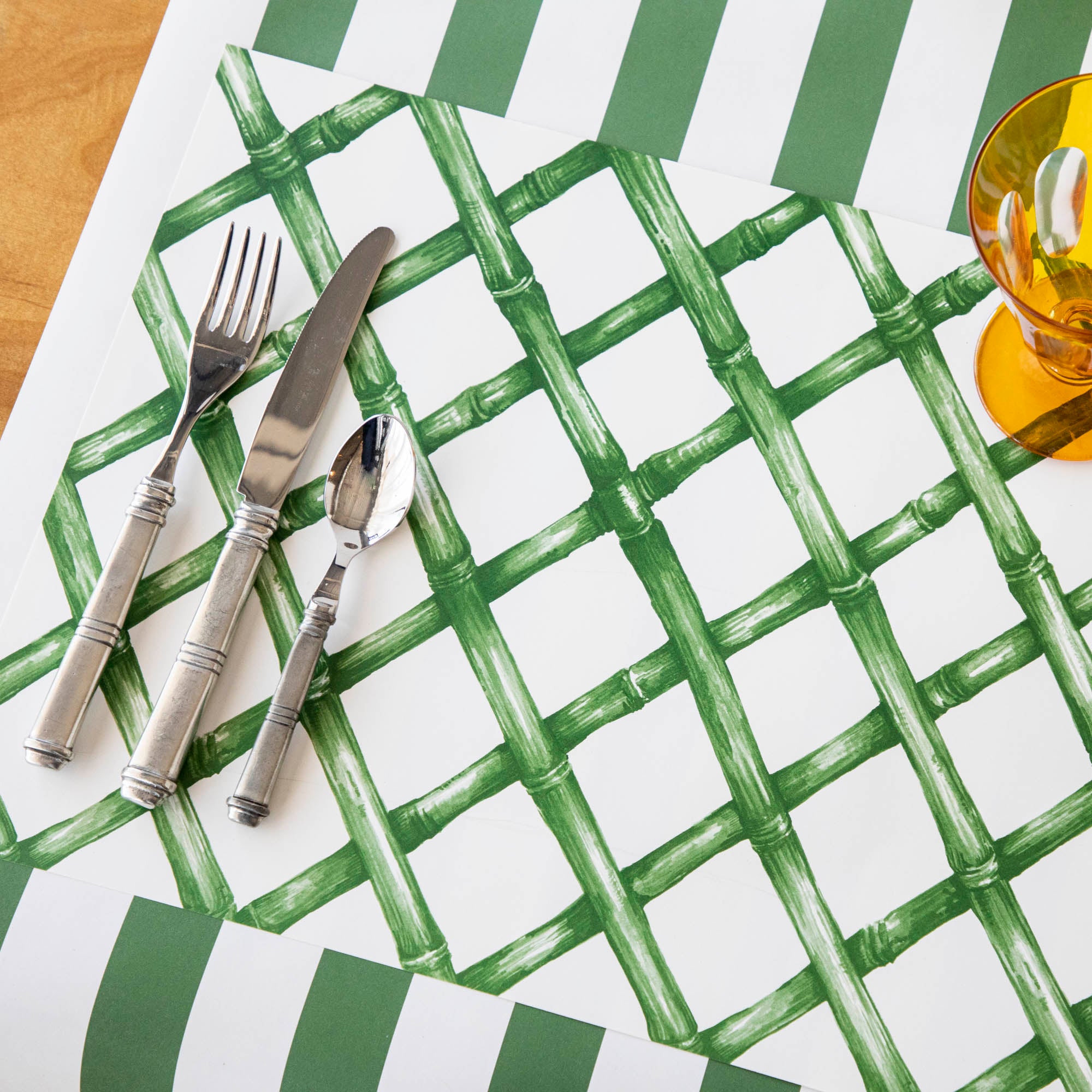 The Green Lattice Placemat in a place setting, from above. 