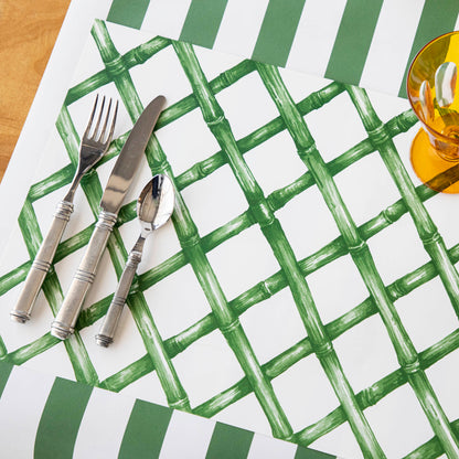 The Green Lattice Placemat in a place setting, from above. 