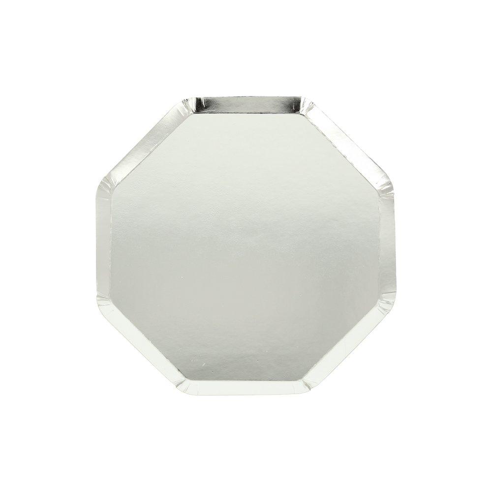 Octagonal shaped Meri Meri silver cocktail plates on a white background with a gloss finish.