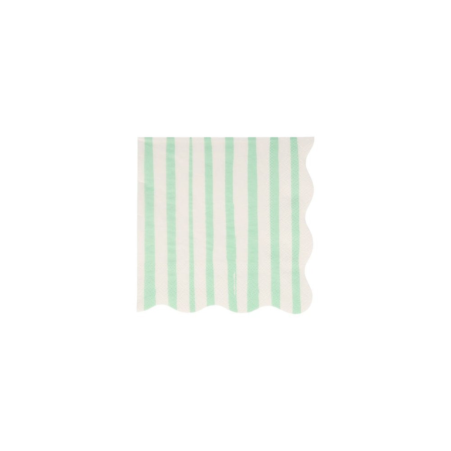 Green and white striped, eco-friendly fabric swatch with a scalloped edge, like the Meri Meri Mint Stripe Napkin.