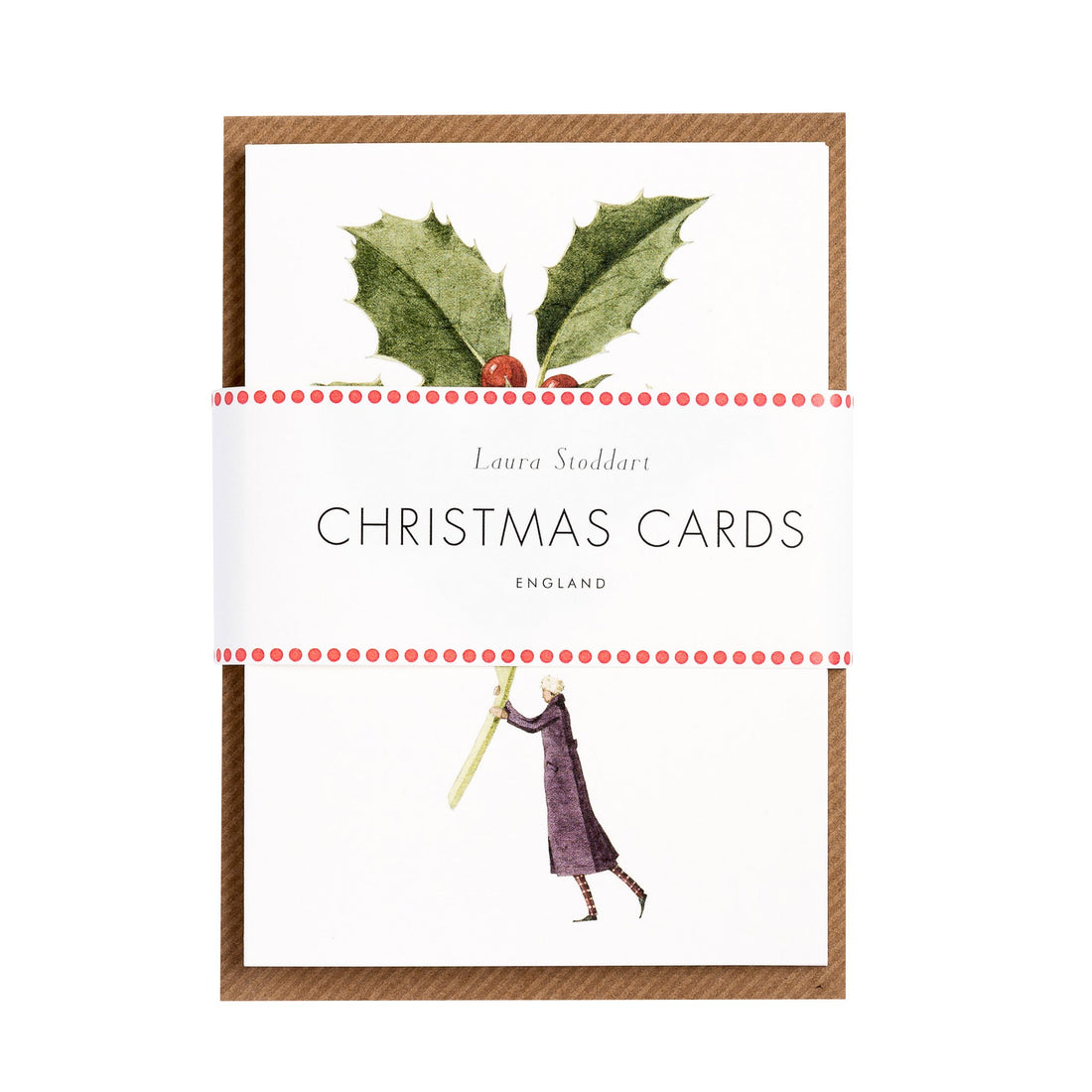 Illustration of two miniature figures dressed in winter clothes hanging from a sprig of holly and a stem of mistletoe, perfect for botanical-themed A6 size Christmas cards, like the Hester &amp; Cook Holly &amp; Mistletoe Card Set of 10.