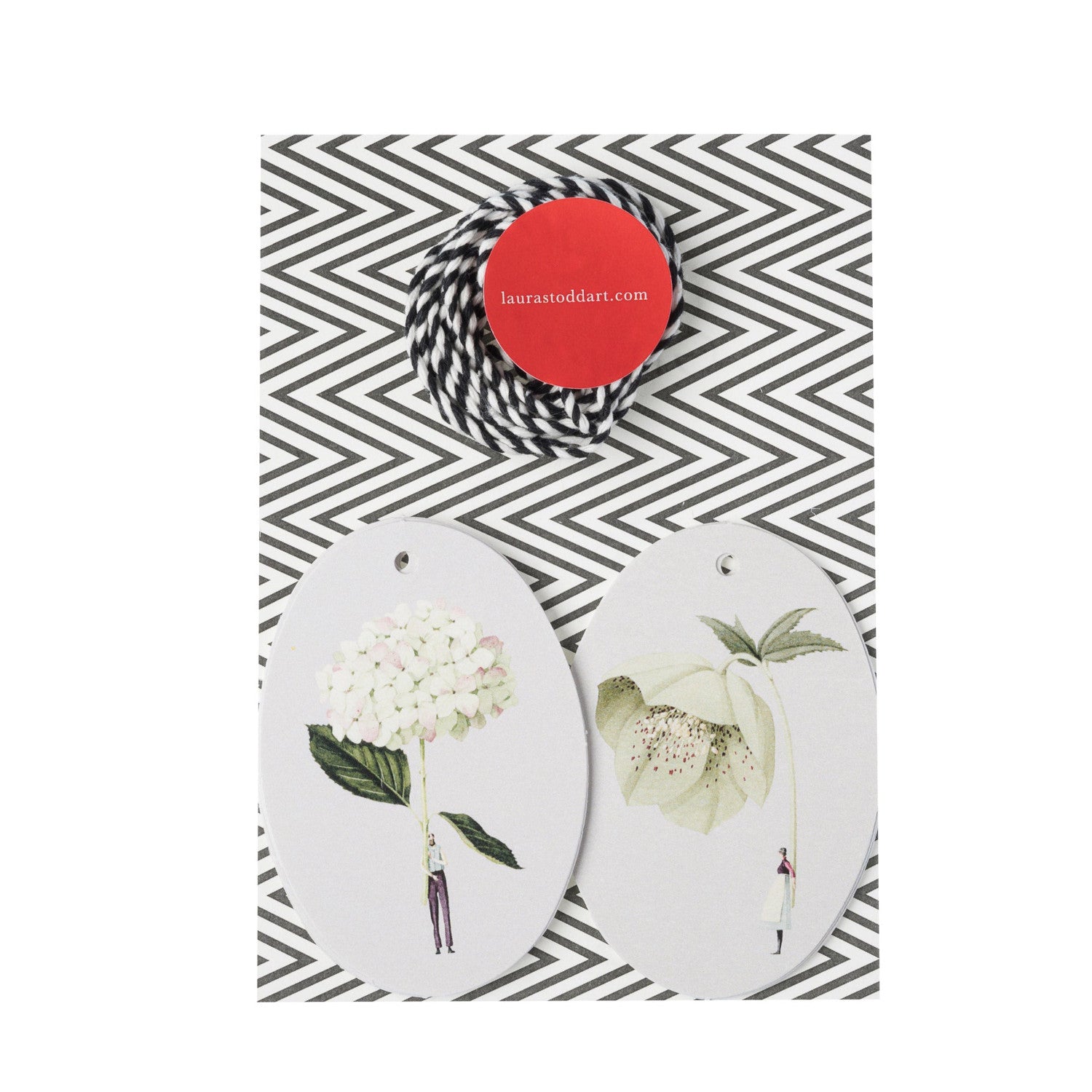 Two different design on oval shaped gift tags in retail packaging, each featuring a different stylized illustration of a small person holding a gigantic green bloom by the stem.