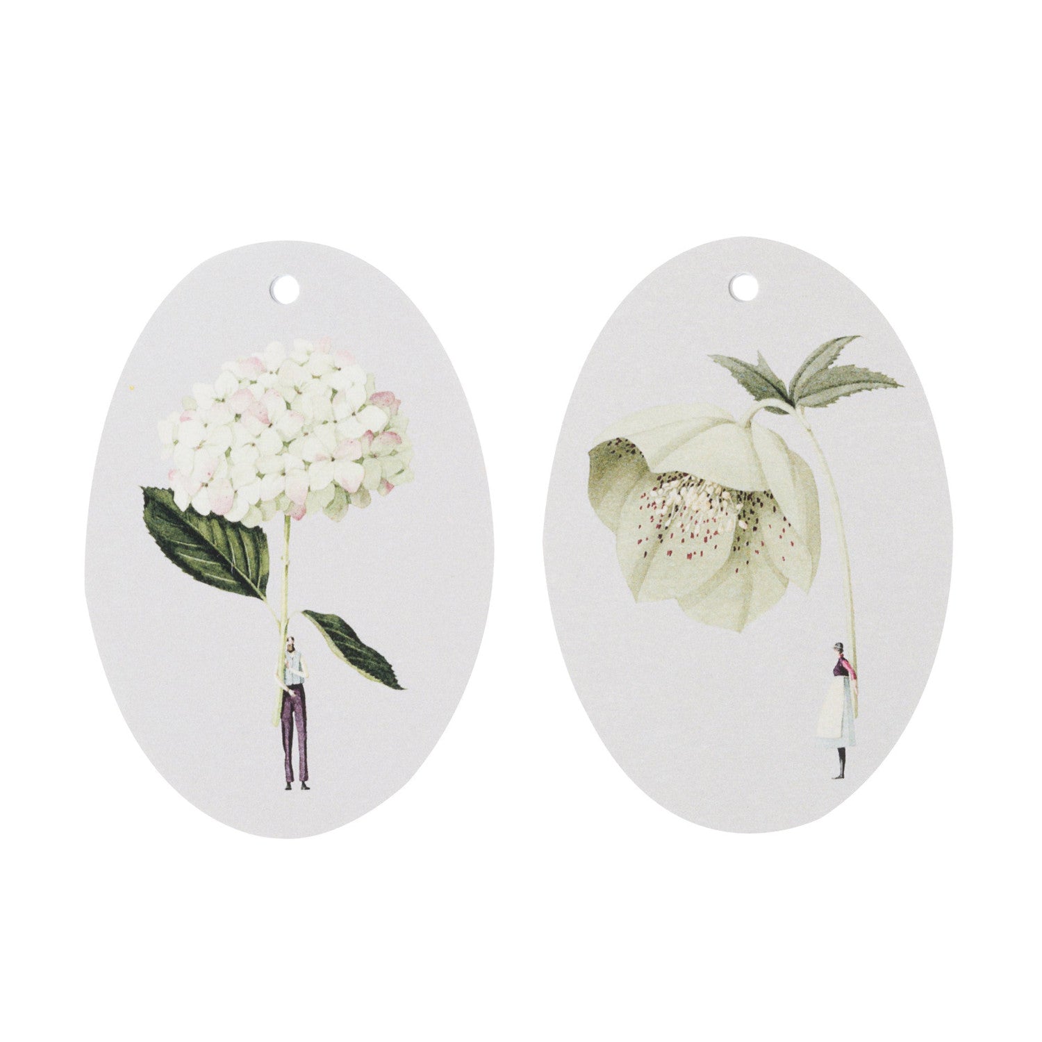 Two round In Bloom Green Gift Tags featuring illustrations of a small person holding a gigantic bloom by the stem.