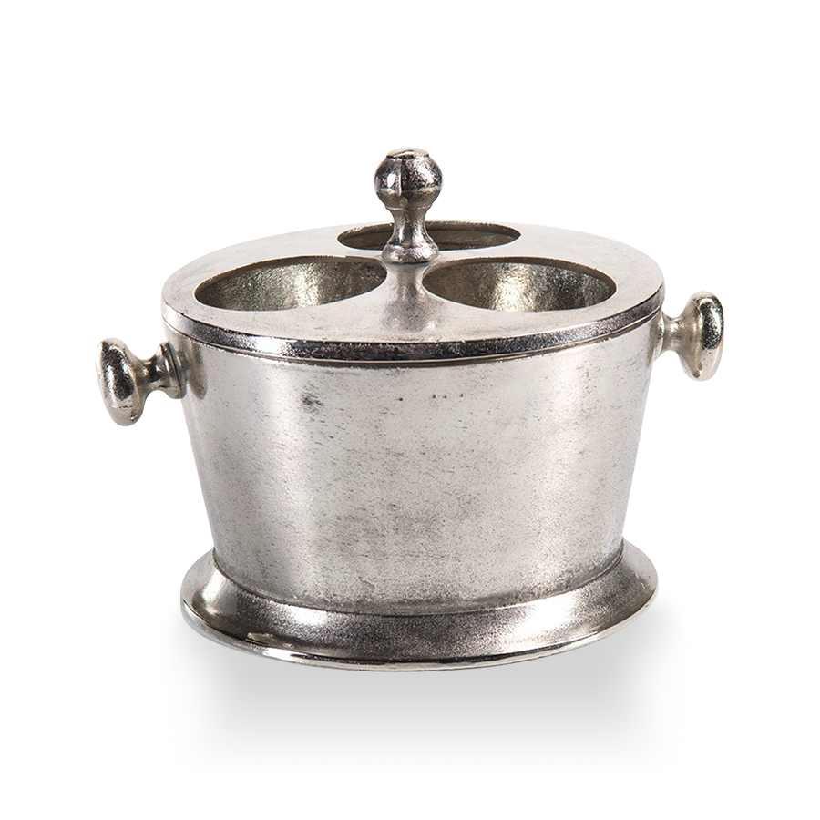 Two bottles of French wine chilling in a Zodax Three Bottle Wine Holder in Silver 10" Tall with a blurred natural background.