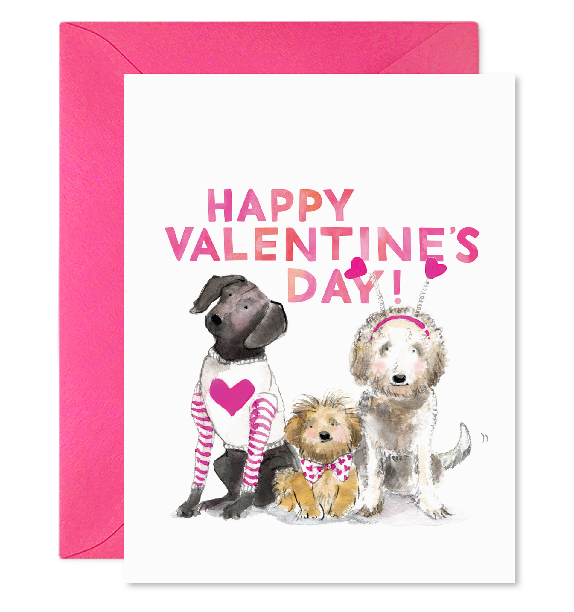Greeting card with illustration of 3 dogs on it saying "Happy Valentine&