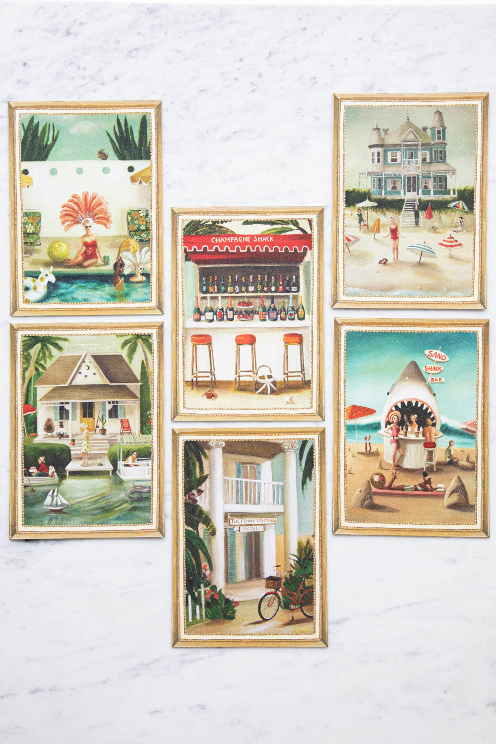 A set of six Jet Setter Flat Notes by Hester & Cook featuring various painterly scenes of luxurious vacations.