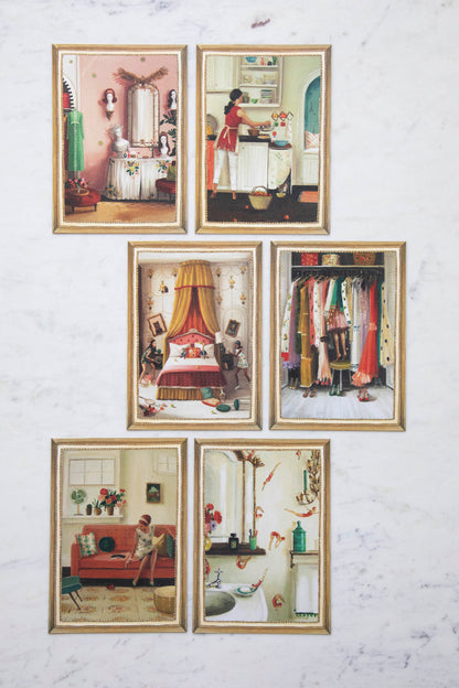 A set of six Home Sweet Home Flat Notes by Hester &amp; Cook featuring various painterly interior scenes from a bedroom, kitchen, closet, living room and bathroom.