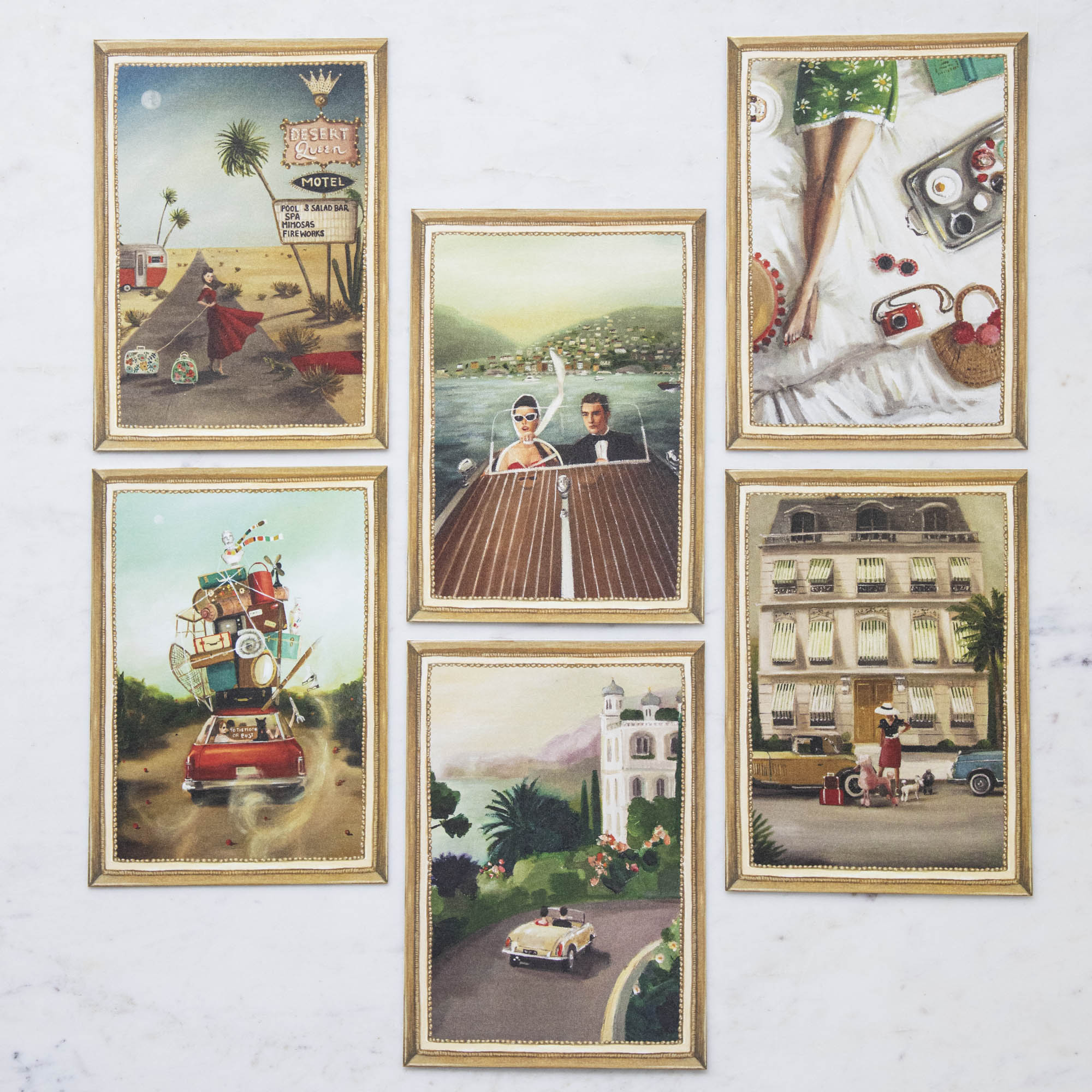 A set of six Jet Setter Flat Notes by Hester & Cook featuring various painterly scenes of travel and adventure.