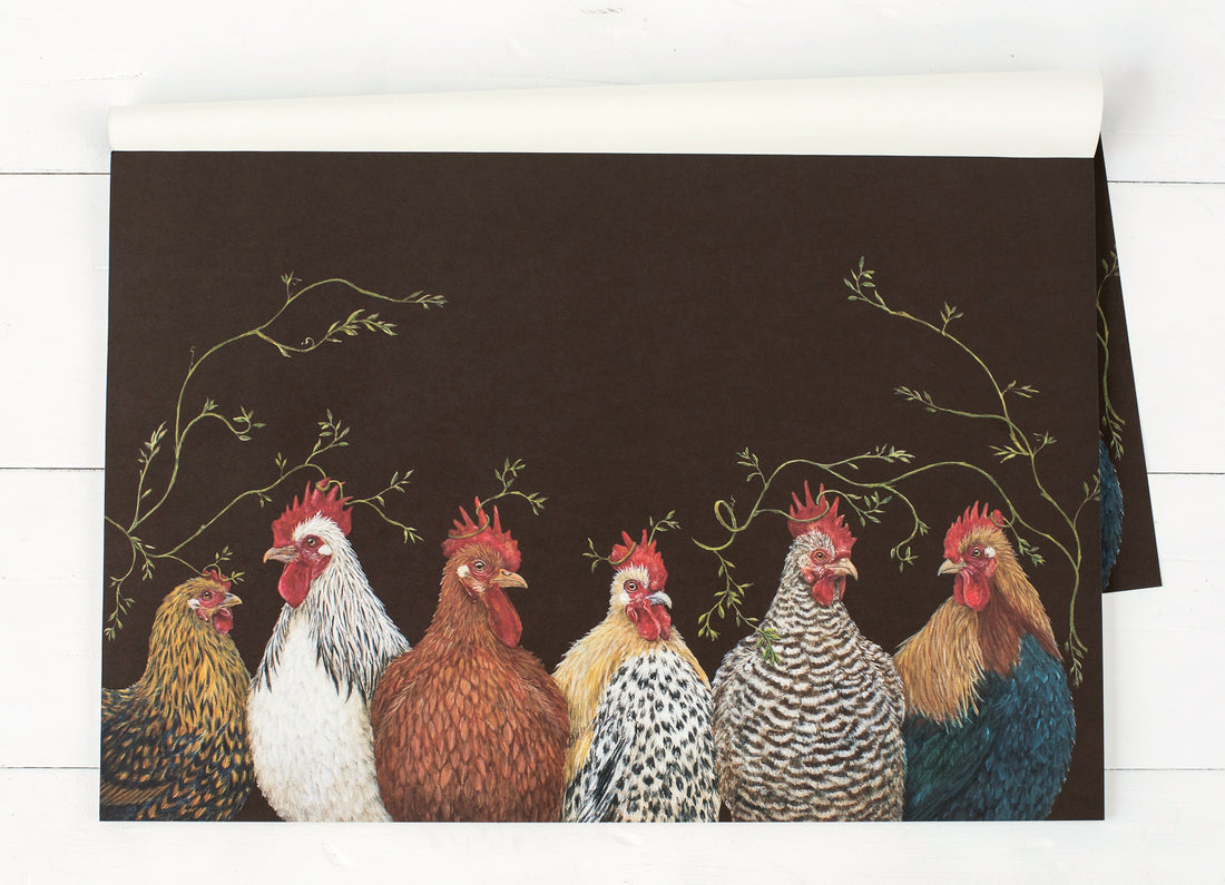 A group of six realistically illustrated chickens, their heads adorned with vines, along the bottom half of a black background.