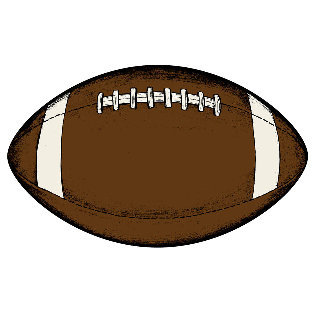 An illustrated brown and white die-cut football with black outlines.