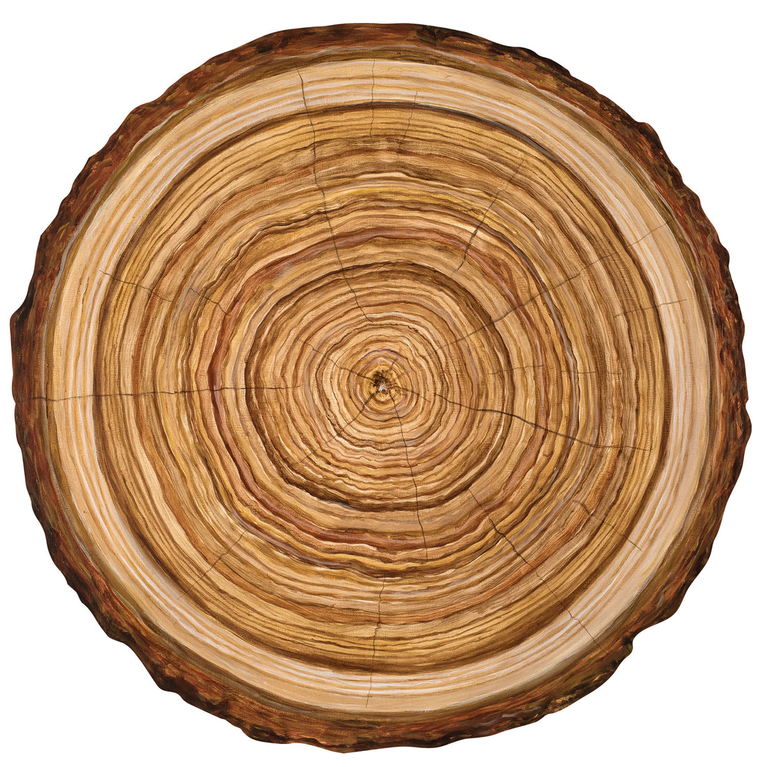 A circular die-cut illustration of the cross-section of a many-ringed tree with dark brown bark on the outer edge.