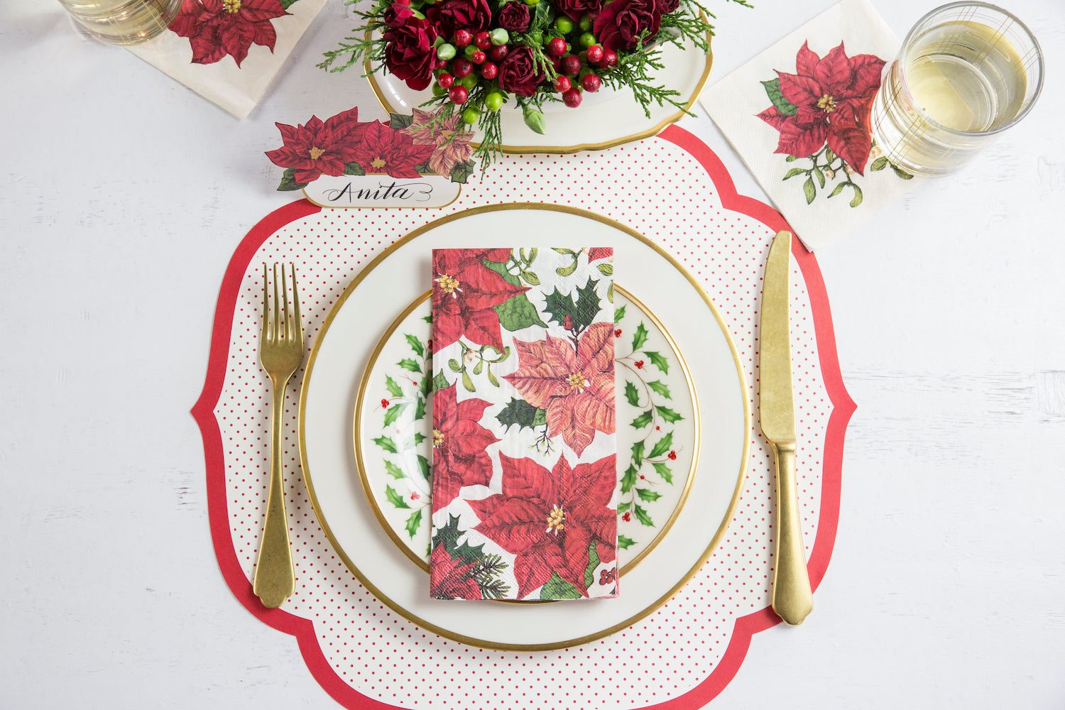 Festive Christmas Die-cut Red Swiss Dot placemats perfect for enhancing your tablescape during the holiday season. Hester &amp; Cook