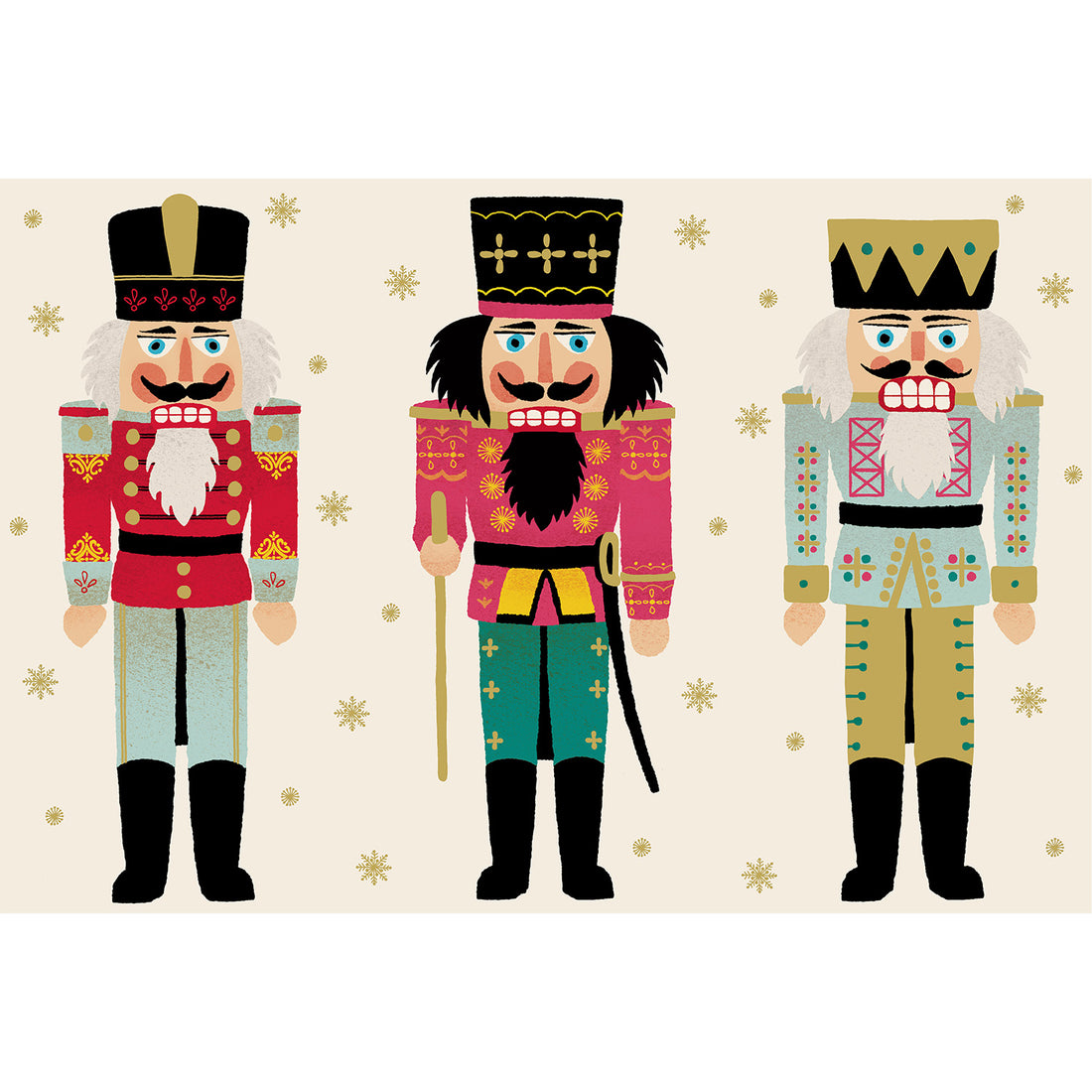 Three illustrated nutcracker soldiers, in red, green, teal, gold and black, surrounded by gold snowflakes, on a cream background.