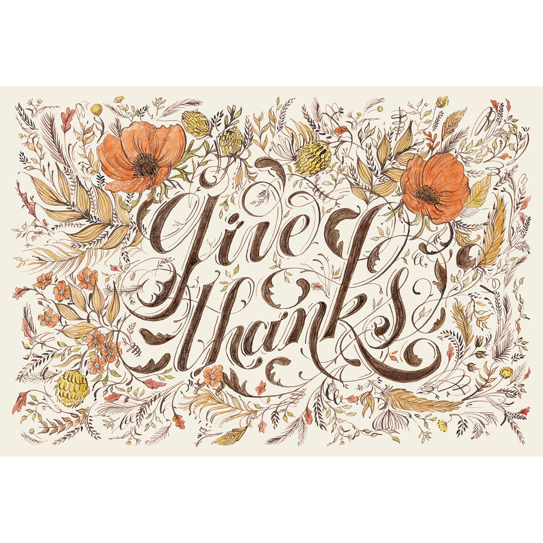 An illustration of beautiful calligraphy reading &quot;give thanks&quot; in deep brown, surrounded by brown, orange and yellow florals and filigree, on a white background. 