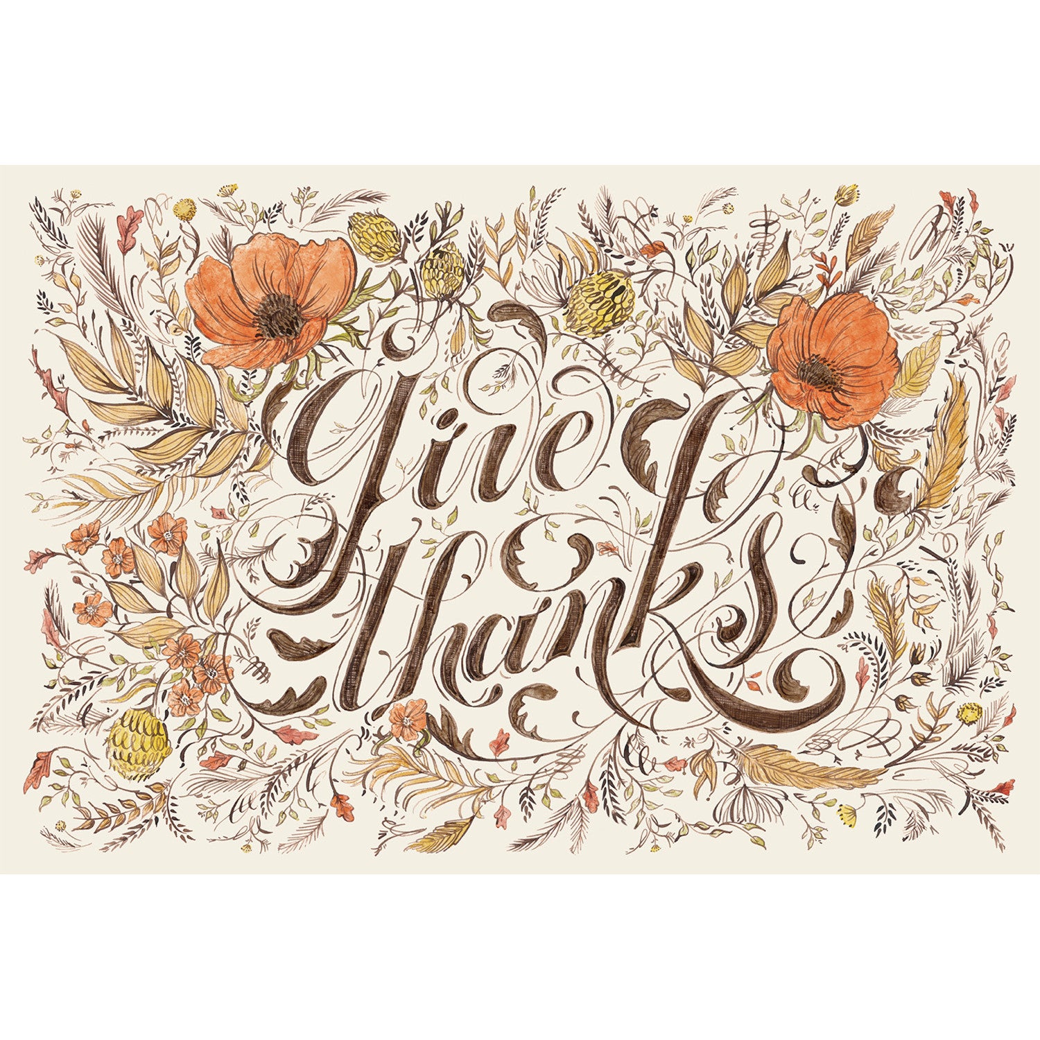An illustration of beautiful calligraphy reading "give thanks" in deep brown, surrounded by brown, orange and yellow florals and filigree, on a white background.