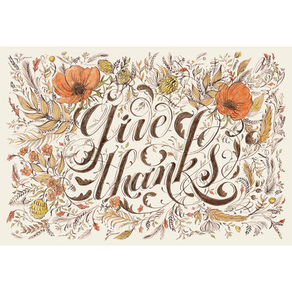 An illustration of beautiful calligraphy reading &quot;give thanks&quot; in deep brown, surrounded by brown, orange and yellow florals and filigree, on a white background. 