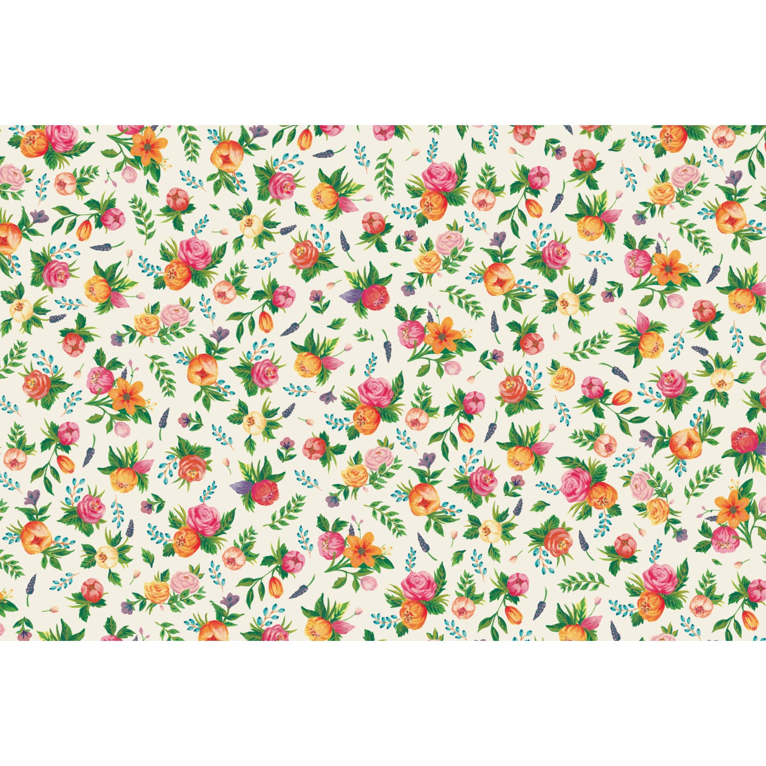 A pattern of small, illustrated pink and orange flowers and green leaves, scattered on a white background.
