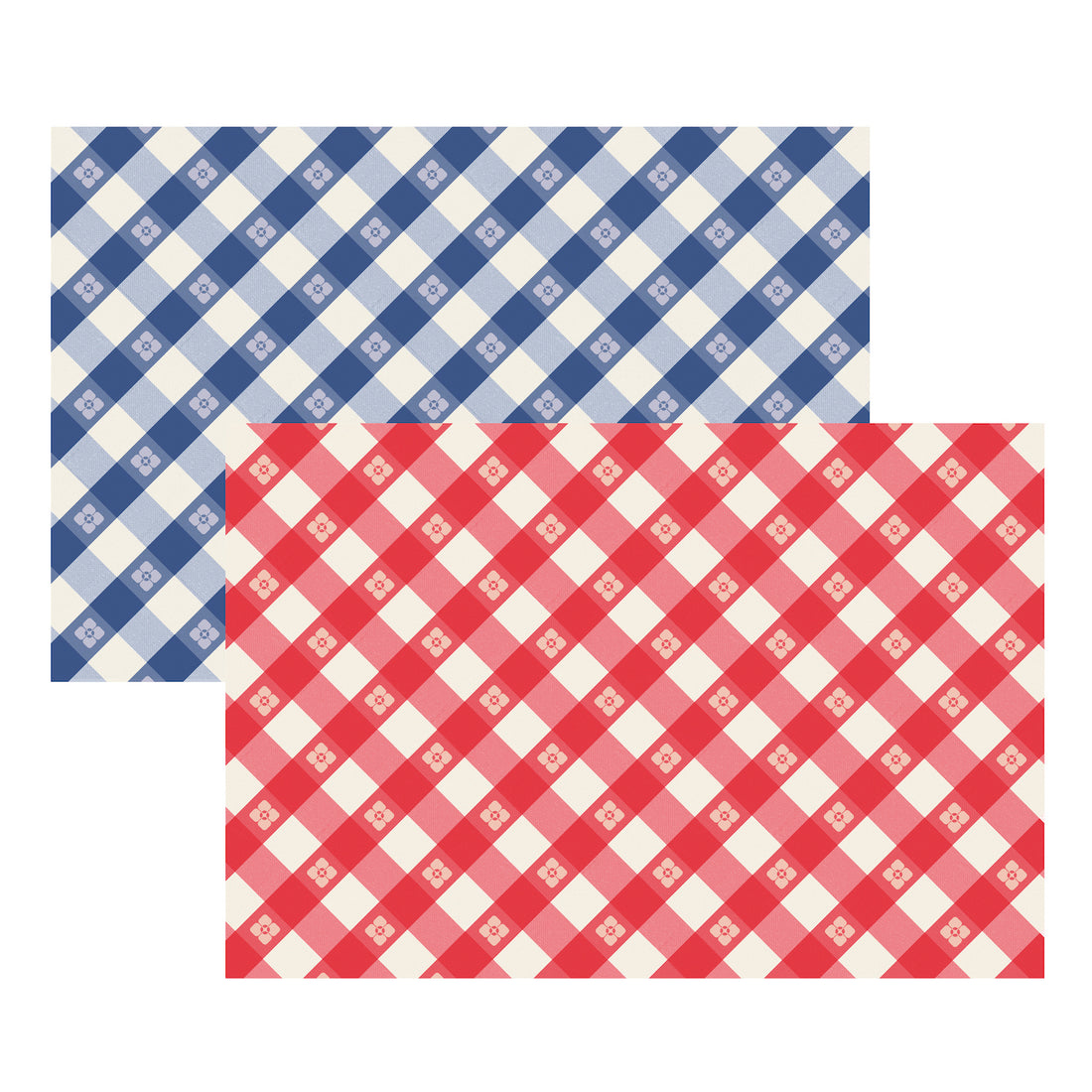 Two identical picnic table-inspired designs featuring a diagonal gingham pattern with floral accents, one blue and one red, both on a white background.