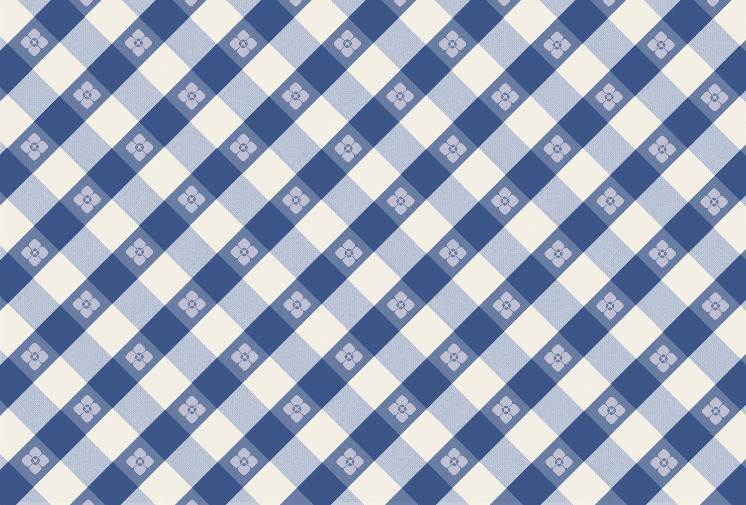 A picnic table-inspired design featuring a blue diagonal gingham pattern with floral accents on a white background, high-resolution.