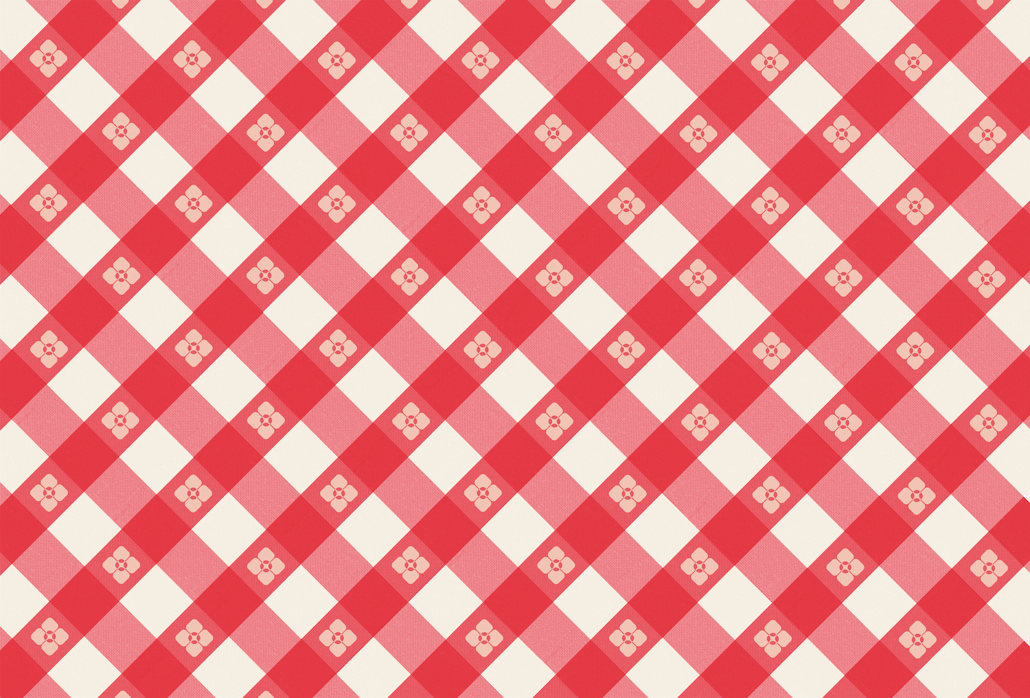A picnic table-inspired design featuring a red diagonal gingham pattern with floral accents on a white background, high-resolution.