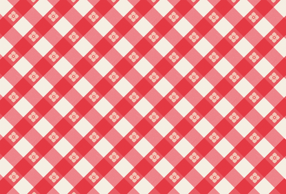 A picnic table-inspired design featuring a red diagonal gingham pattern with floral accents on a white background, high-resolution.