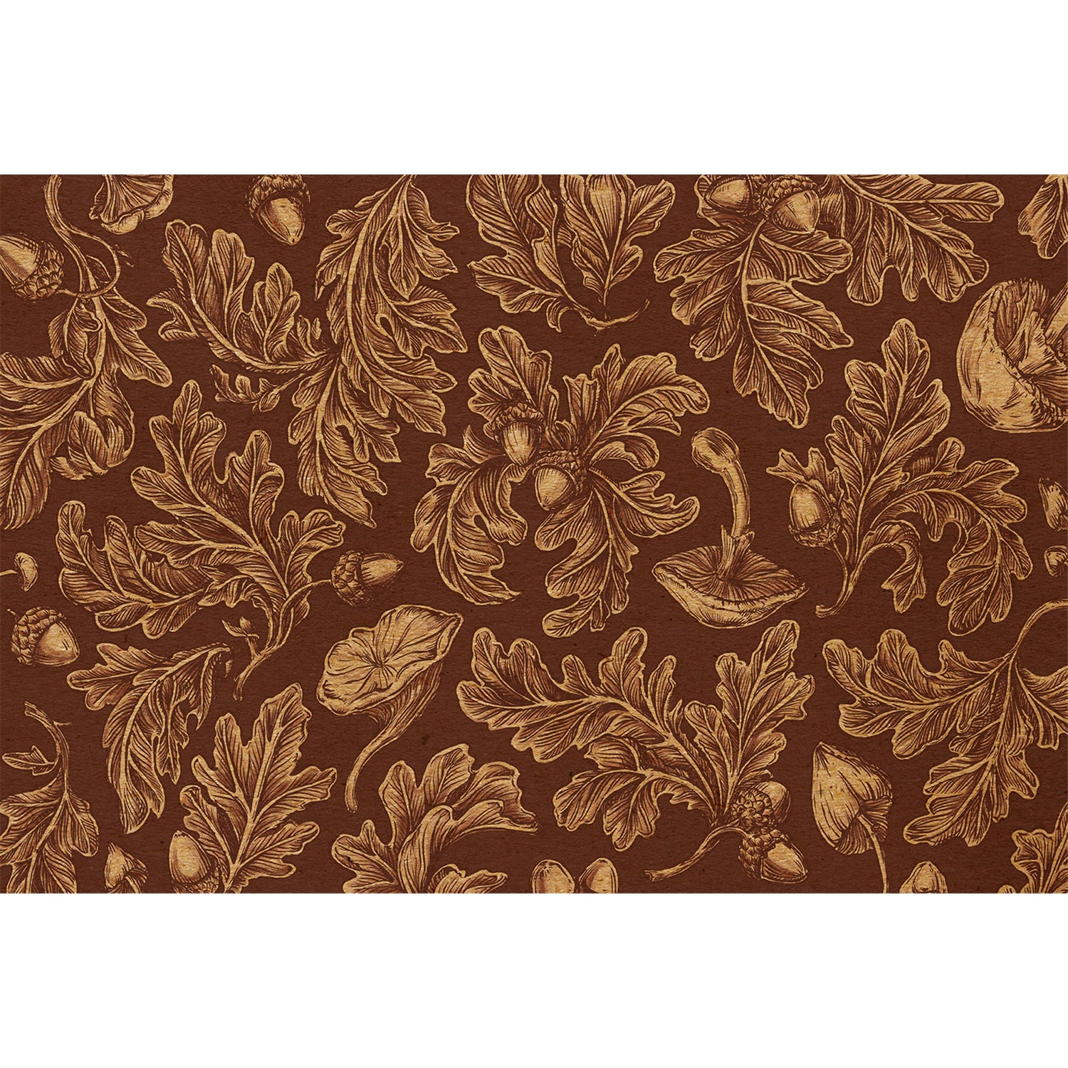 An engraving-style illustrated pattern of kraft-tan oak leaves, acorns and mushrooms scattered on a deep brown background. 
