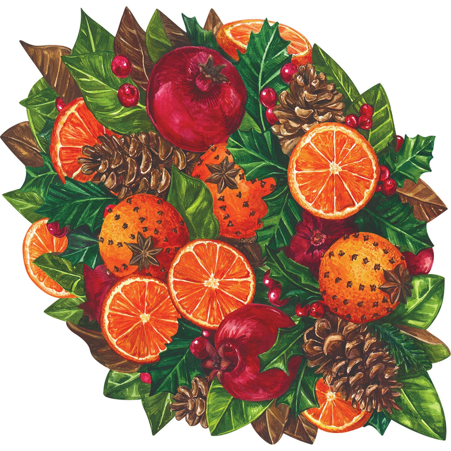 A die-cut illustration of densely-packed oranges, pomegranates and pinecones nestled among winter foliage with red berries.