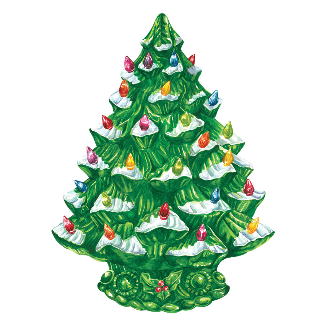 A die-cut illustration of a vintage green ceramic Christmas tree decoration, complete with snow-tipped branches and multi-colored lights.