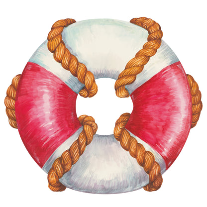 A round, symmetrical, die-cut illustration of a red and white life preserver entwined with a tan rope. 