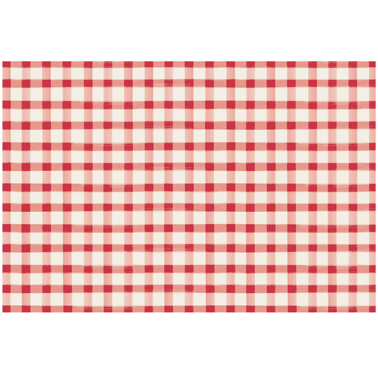 A painted gingham grid check pattern made of light red lines intersecting at deep red squares, on a white background.