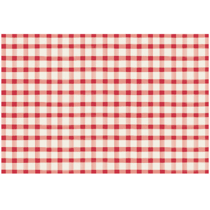 A painted gingham grid check pattern made of light red lines intersecting at deep red squares, on a white background.
