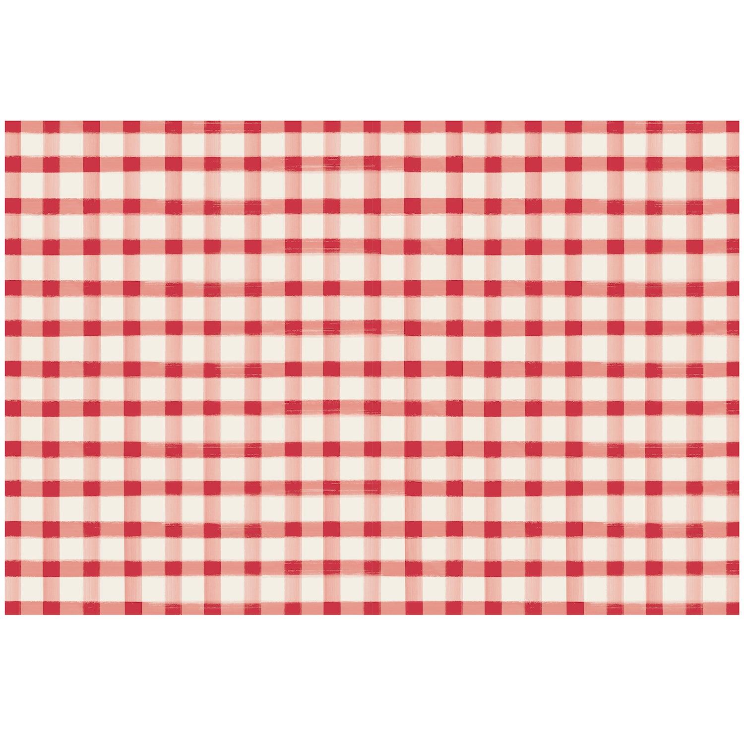 A painted gingham grid check pattern made of light red lines intersecting at deep red squares, on a white background.
