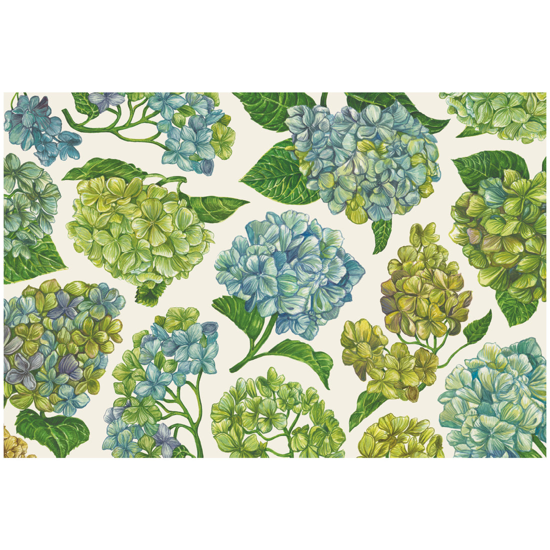 Green and blue illustrated hydrangea blossoms scattered over a white background. 