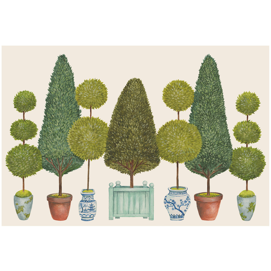 An illustration of seven potted topiary shrubs, alternatingly pruned into balls or a tapered shape, on a cream background.